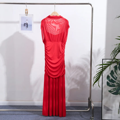 Maglia sexy vedere attraverso lungo abito rosso senza maniche piega patchwork a-line maxi abiti da festa femminile 2025 estate signora abiti slim