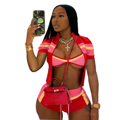 Sommer Sexy 3-teiliges Set Damen Fitnessstudio Outfits Farbblock Trainingsanzug BH Reißverschlussjacke und Shorts Sets Damen Club Abendkleidung