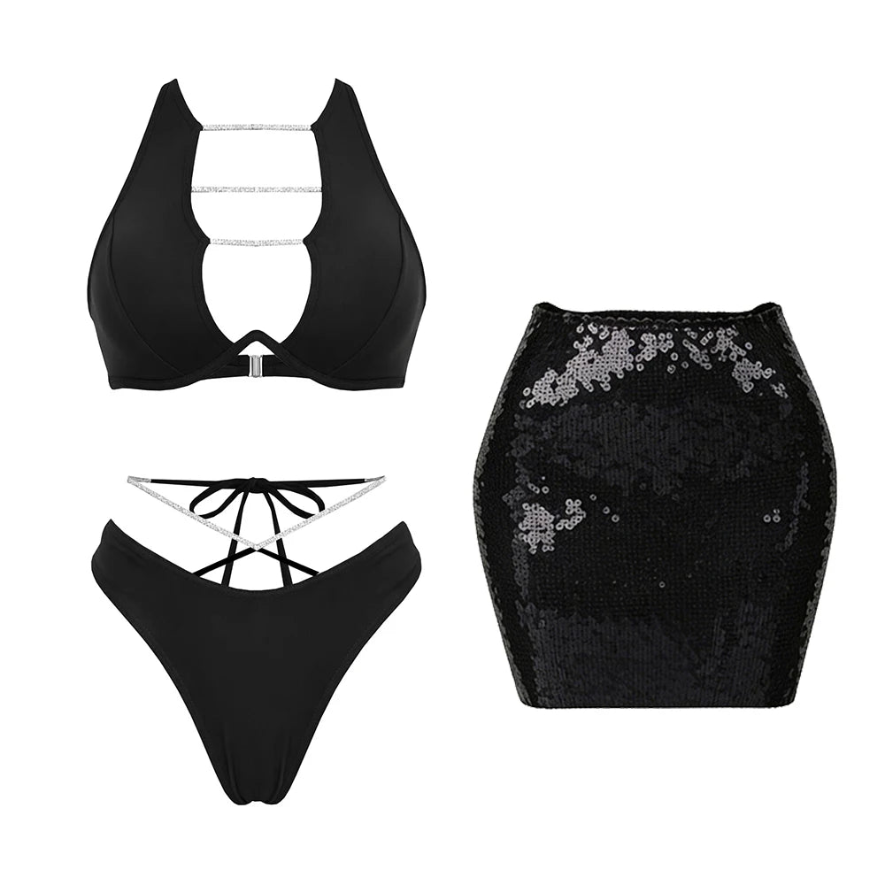 Chic Bandage Bikini With Shiny Short Skirt Women 3Pcs Swimsuit Sexy Cut Out Biquini Lady Swimwear Bathing Suit Female Beachwear
