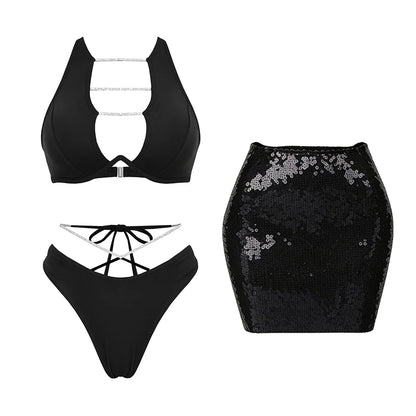 Chic Bandage Bikini With Shiny Short Skirt Women 3Pcs Swimsuit Sexy Cut Out Biquini Lady Swimwear Bathing Suit Female Beachwear