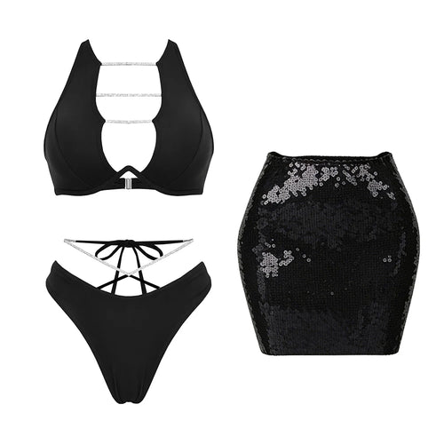Chic Bandage Bikini With Shiny Short Skirt Women 3Pcs Swimsuit Sexy Cut Out Biquini Lady Swimwear Bathing Suit Female Beachwear