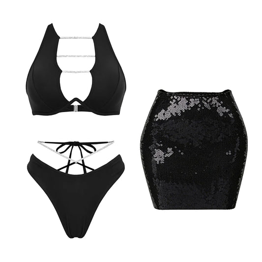 Chic Bandage Bikini With Shiny Short Skirt Women 3Pcs Swimsuit Sexy Cut Out Biquini Lady Swimwear Bathing Suit Female Beachwear