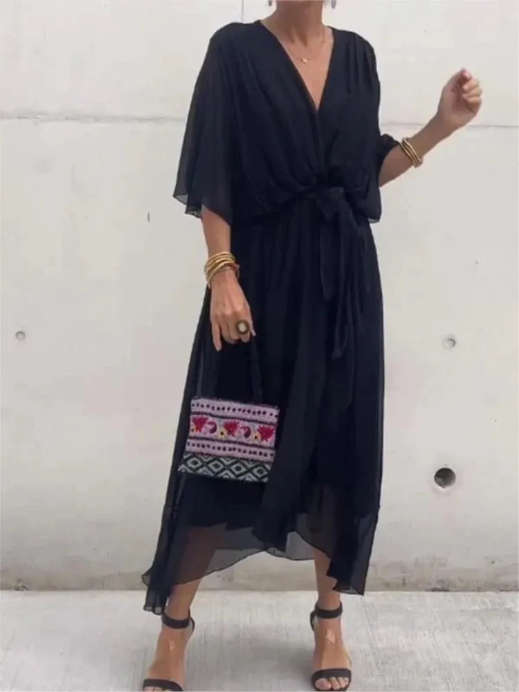 Abiti da festa eleganti in chiffon solido per le donne Sexy scollo a V maniche a pipistrello Lace Up Ruffles Abito lungo irregolare Abito casual Femme