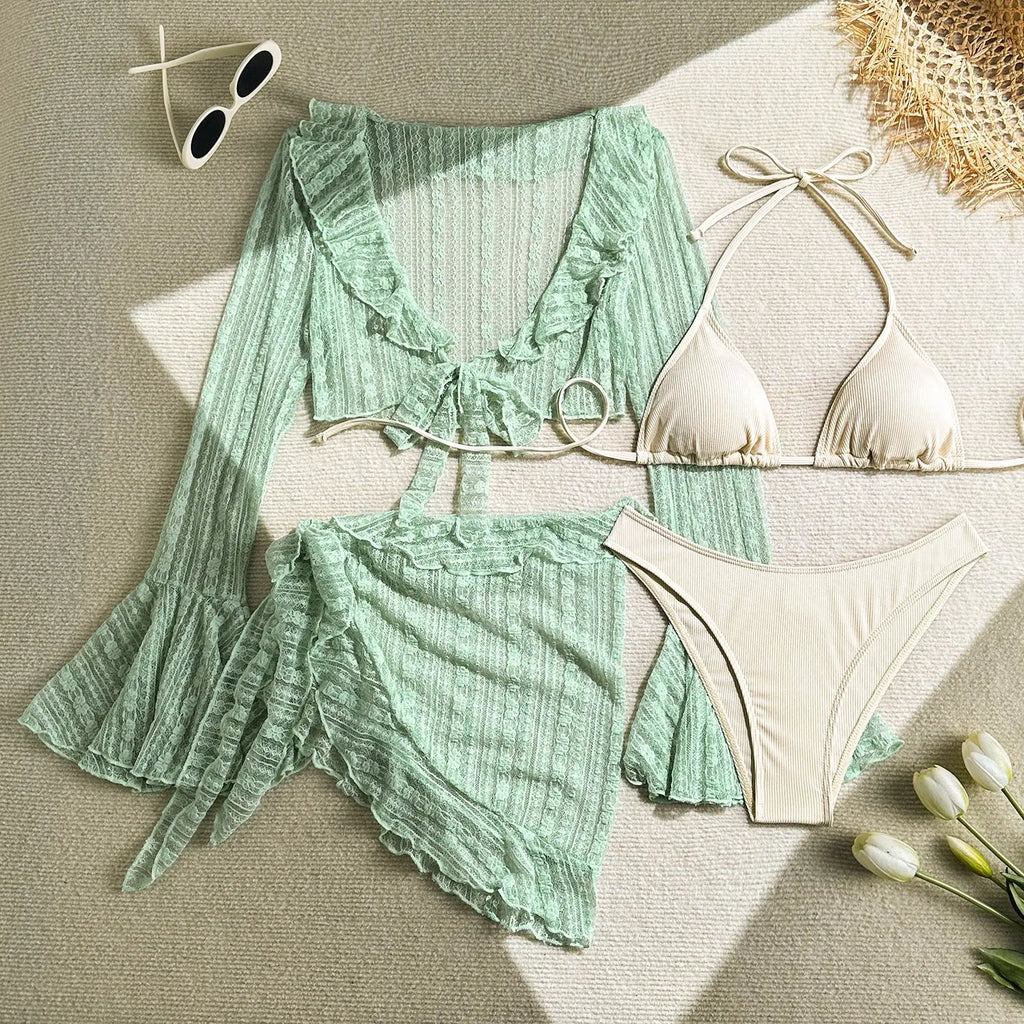 VigoCasey Sexy Set Bikini a 4 Pezzi in Rete con Copricostume, Costume da Bagno Donna 2026 con Halter Annodato e Push-Up, Costume da Spiaggia per Donna
