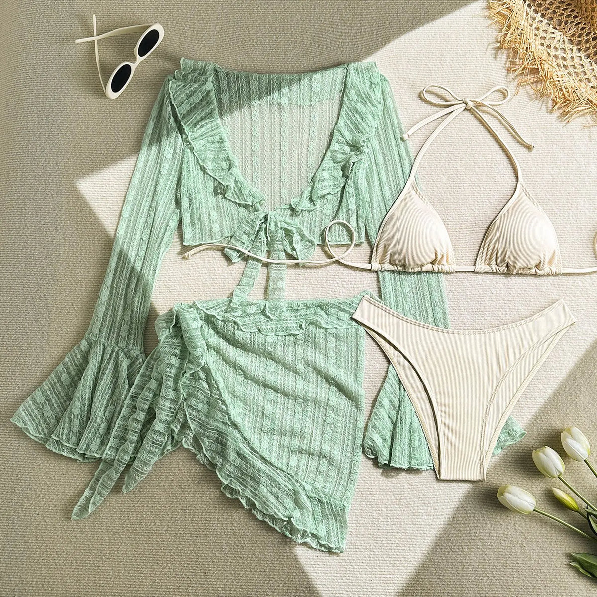 VigoCasey Sexy Set Bikini a 4 Pezzi in Rete con Copricostume, Costume da Bagno Donna 2026 con Halter Annodato e Push-Up, Costume da Spiaggia per Donna