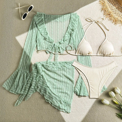 VigoCasey Sexy Set Bikini a 4 Pezzi in Rete con Copricostume, Costume da Bagno Donna 2026 con Halter Annodato e Push-Up, Costume da Spiaggia per Donna