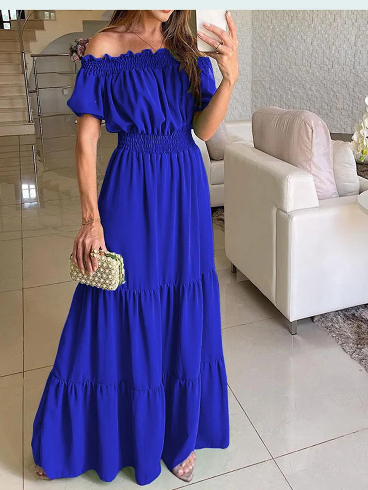 2025 Abito estivo Boho solido Moda donna Elegante abito da festa in spiaggia Casual Slash Neck Office Maxi abiti per donna Robe Femme