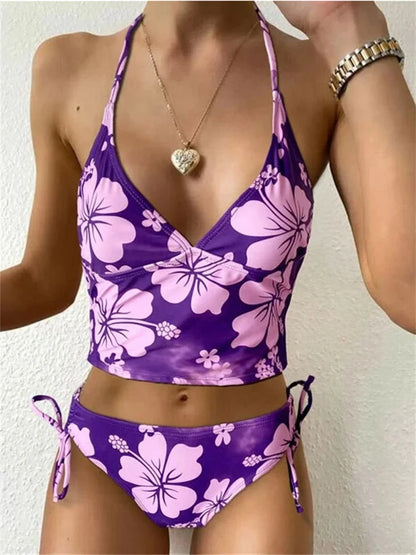 Costume da bagno sexy con stampa floreale gialla Set da donna Halter Push Up Crop Top Costume da bagno 2025 Costume da bagno da spiaggia con lacci Costumi da bagno a vita alta