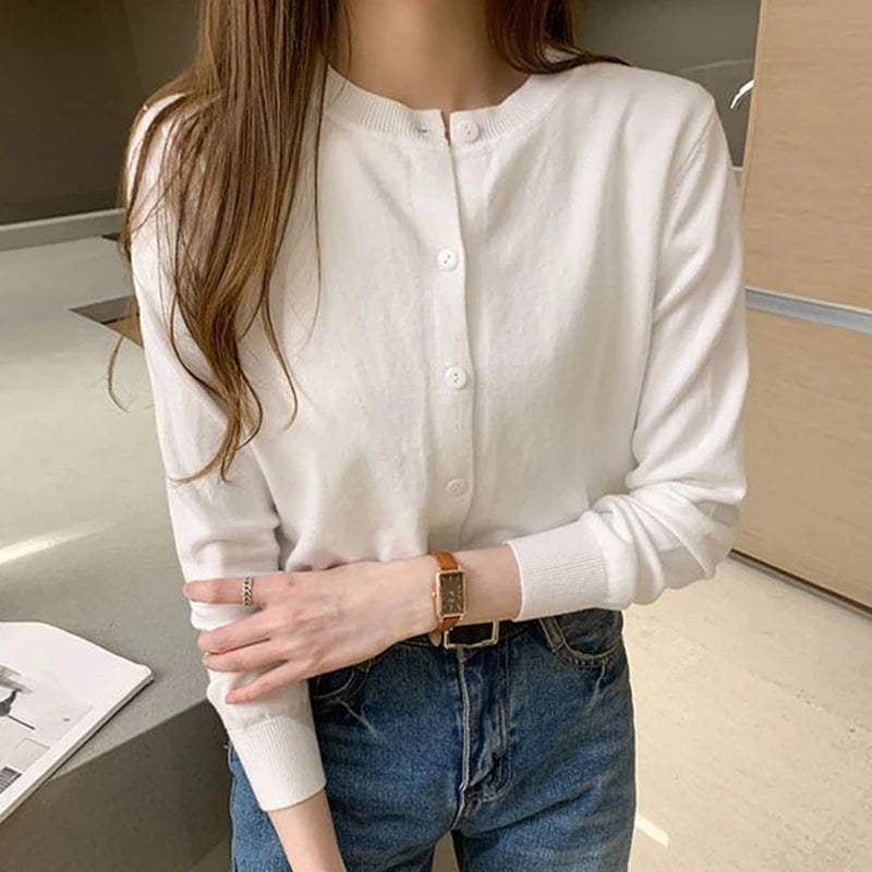 Rimocy Giacca cardigan lavorata a maglia Donna 2025 Primavera Autunno Girocollo Cardigan casual Donna Tinta unita Slim Maglioni coreani Donna