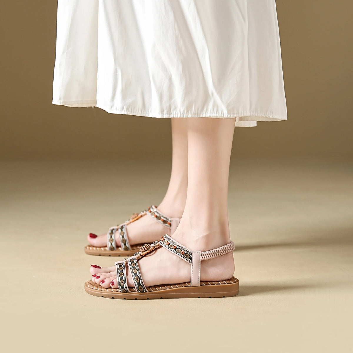 Elegante Damen-Sommersandale im Bohemian-Stil, rutschfest, bequem, für Alltag, Urlaub, flache Strandschuhe
