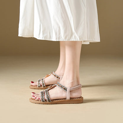 Elegante Damen-Sommersandale im Bohemian-Stil, rutschfest, bequem, für Alltag, Urlaub, flache Strandschuhe