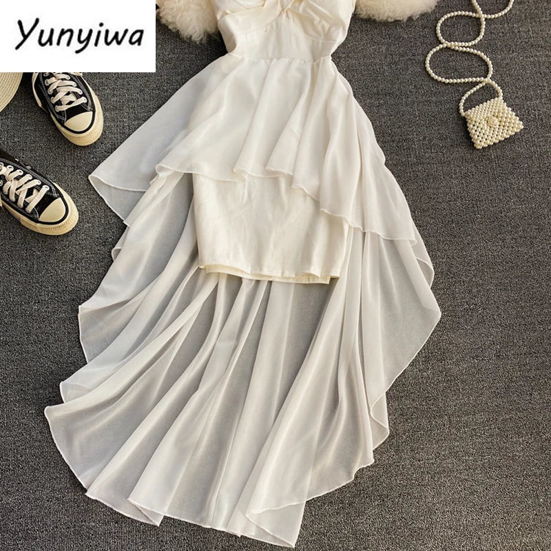 Ins Fashion Slim abito da donna asimmetrico a vita alta 2021 nuova estate elegante bianco nero abito da festa abiti da donna
