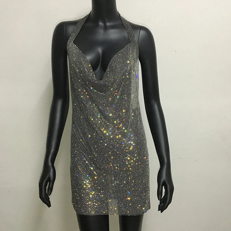 Mini abito sexy con scollo a V senza schienale per le donne Abiti da sera da club per feste con strass lucidi con scollo all'americana e spacco laterale
