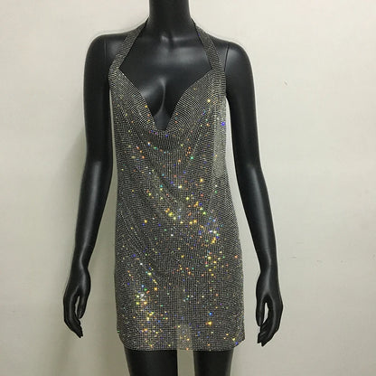 Mini abito sexy con scollo a V senza schienale per le donne Abiti da sera da club per feste con strass lucidi con scollo all'americana e spacco laterale