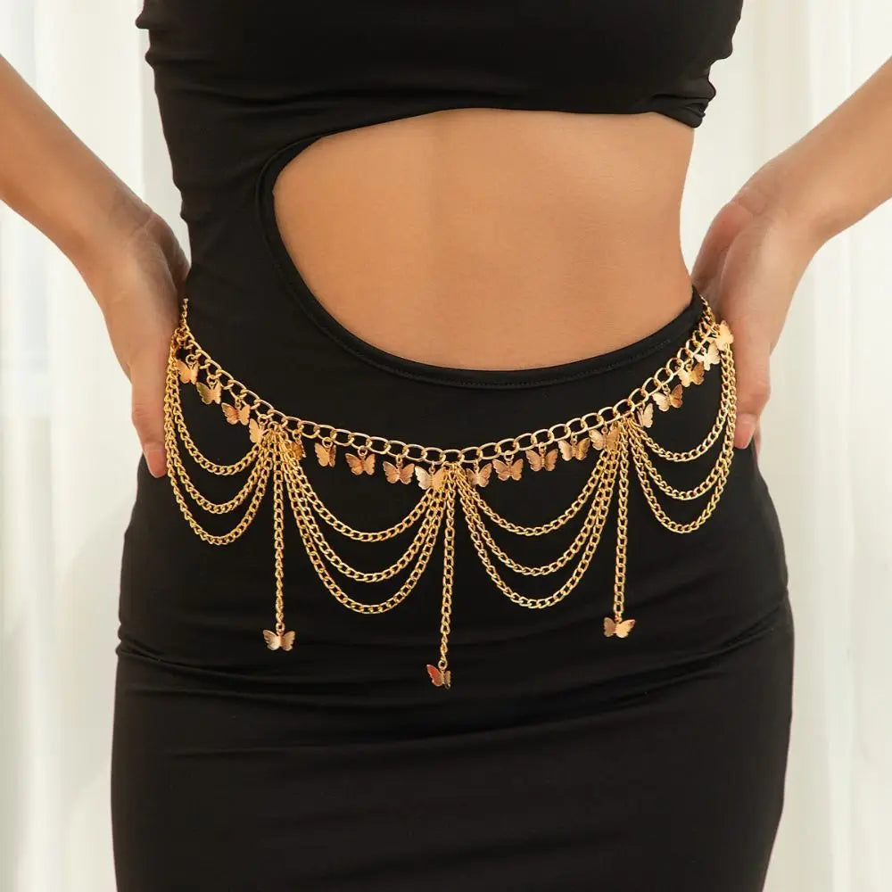 Chaîne de corps en métal pour l'été, chaîne de taille en or, argent et perles à pompon, style ethnique cœur, accessoires de plage