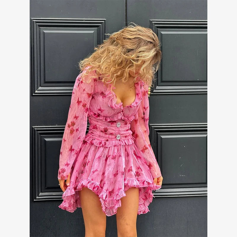 Abito Elegante Floreale da Donna a Trapezio con Pieghe, Mini Abito Sexy a Maniche Lunghe con Volant e Vita Stretta, Abiti da Sera per Vacanze e Street Style 2026