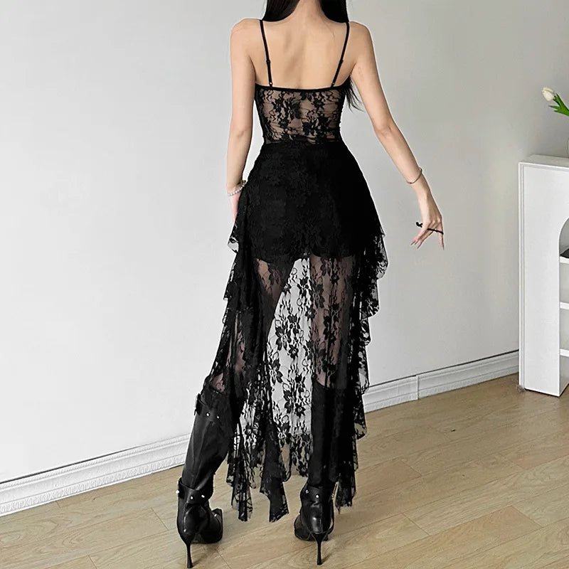 SINGREINY Abito lungo irregolare in pizzo da donna Camis Tubino Sensuale Abito trasparente Moda Streetwear Scava fuori Ruffles Abiti sexy