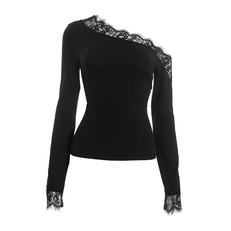 Top da donna con giunture in pizzo asimmetrico, moda casual, top autunnale, stile europeo americano, vita scoperta