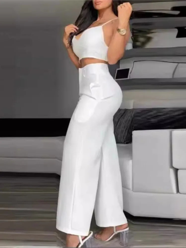 Sommer Sexy 2-Teiler Set Damen V-Ausschnitt Träger Gerafftes Slim Crop Top & Schnürung Weite Hose Sets Elegantes Holiday Lady Outfit