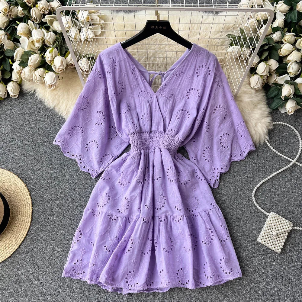 Bianco/Viola/Blu Scollo a V Estate Nuovo Abito ricamato in pizzo Donna Abiti a maniche corte Abiti longuette da spiaggia per feste vintage femminili