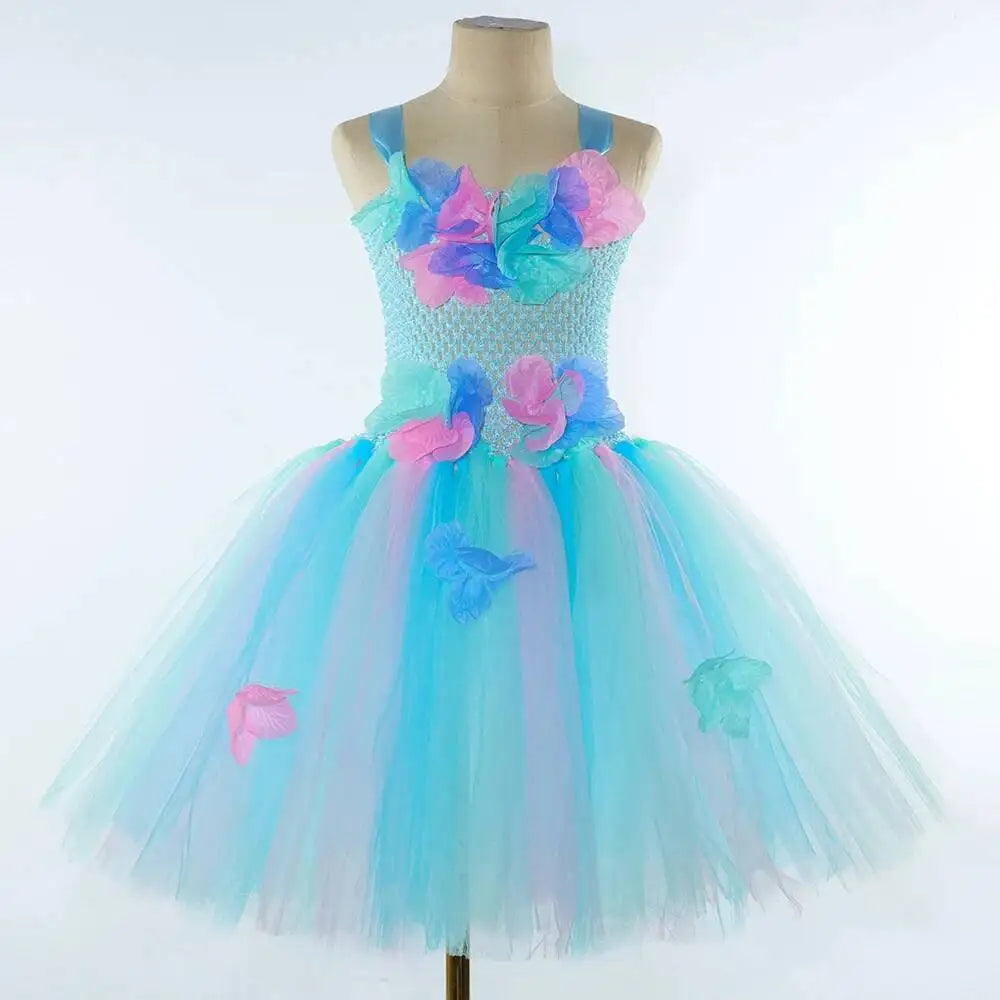 Costumi da fata dei fiori turchese per ragazze Abiti da principessa fata farfalla con ali Bacchetta per bambini Vestito da tutù di carnevale di Halloween