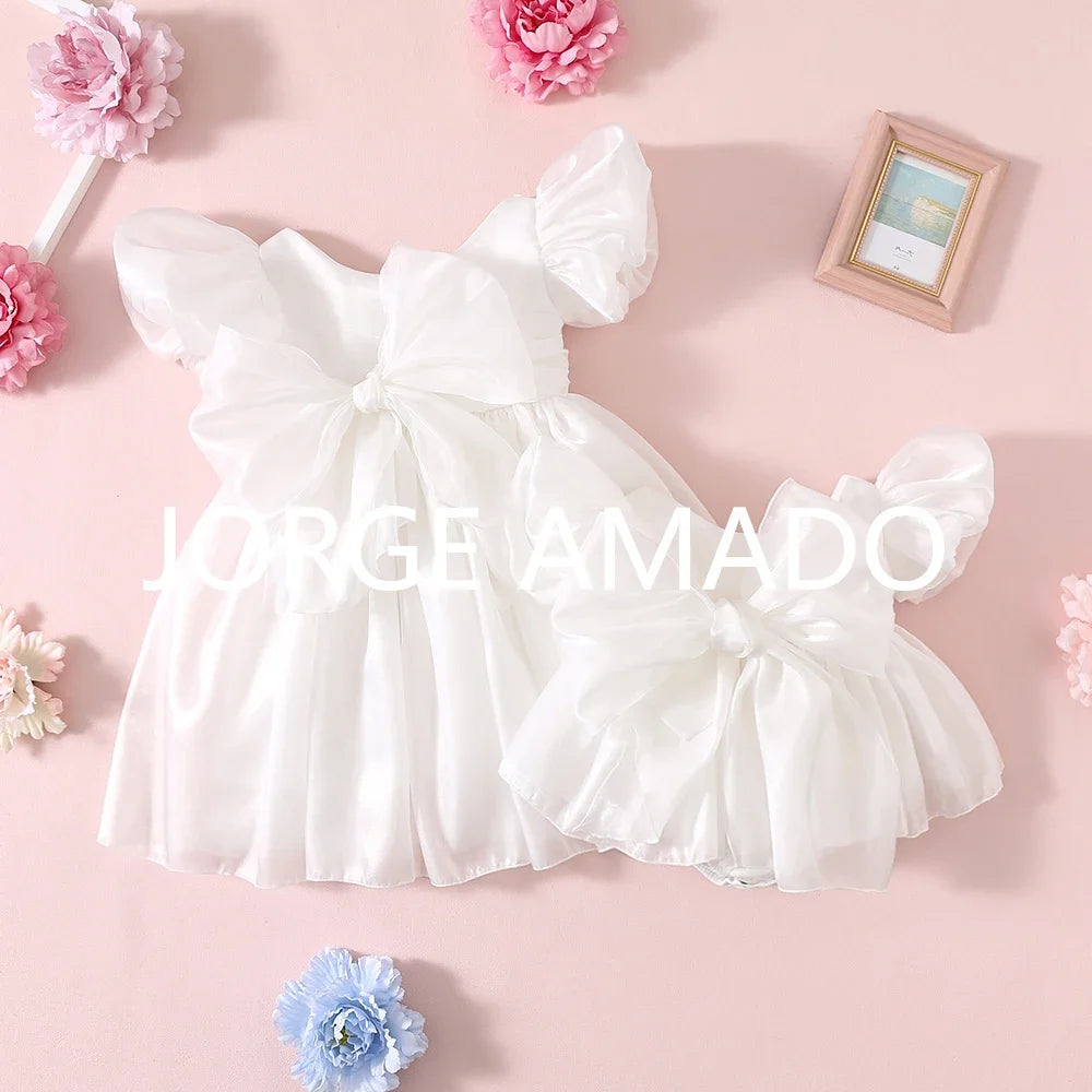 Completi Estivi Coordinati per Gemelle, Body a Maniche Corte con Grande Fiocco, Abiti Principessa con Schiena Scoperta, Abbigliamento per Bambine H0404