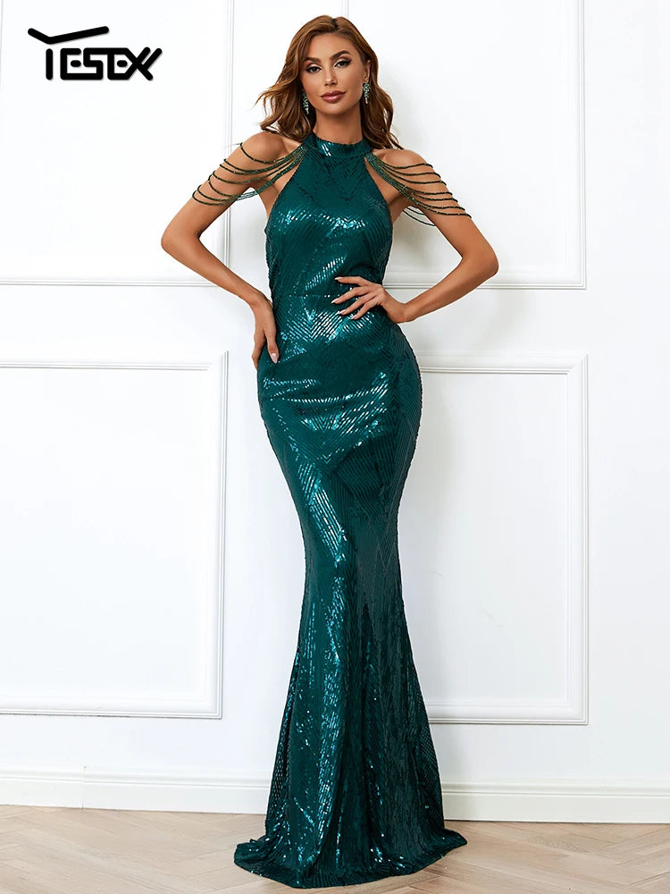 Yesexy New Robe Summer Dress Women Party Sexy Halter paillettes Beaded Maxi Elegant Evening Vestidos Bodycon Long Dresses