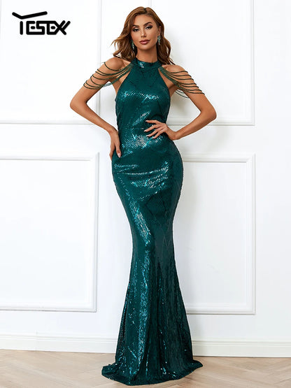 Yesexy New Robe Summer Dress Women Party Sexy Halter paillettes Beaded Maxi Elegant Evening Vestidos Bodycon Long Dresses