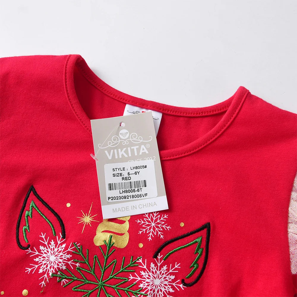 VIKITA Bambini Natale Capodanno Abito da festa Regalo Bambini Fiocchi di neve Unicorno Rosso Verde Scintillante Abiti tutù in tulle a strati scintillanti