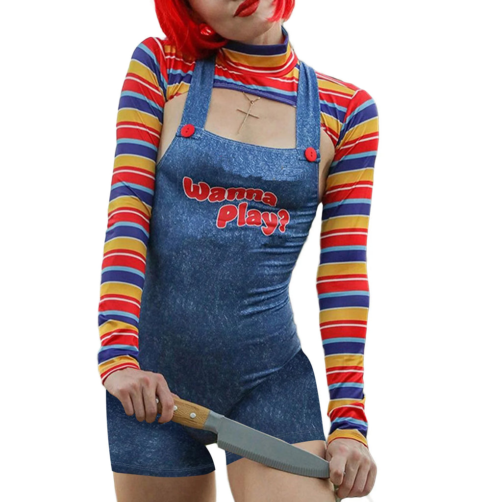 Hirigin Donne 2 Pezzi Costumi di Halloween Spaventoso Nightmare Killer Doll Voglio Gioca a Film Personaggio Costume Set Sling Tute
