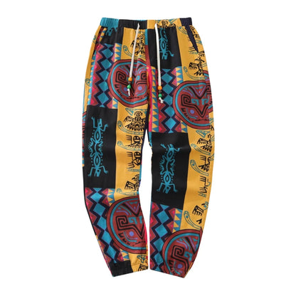 Pantaloni da uomo in lino elasticizzato con stampa tribale Boho Pantaloni leggeri con coulisse in misto cotone con tasche Pantaloni da jogging estivi