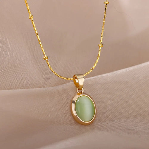 Collana ovale in pietra opale di moda per donna Collana con ciondolo in pietra ovale color oro in acciaio inossidabile Regalo di gioielli estetici per matrimonio