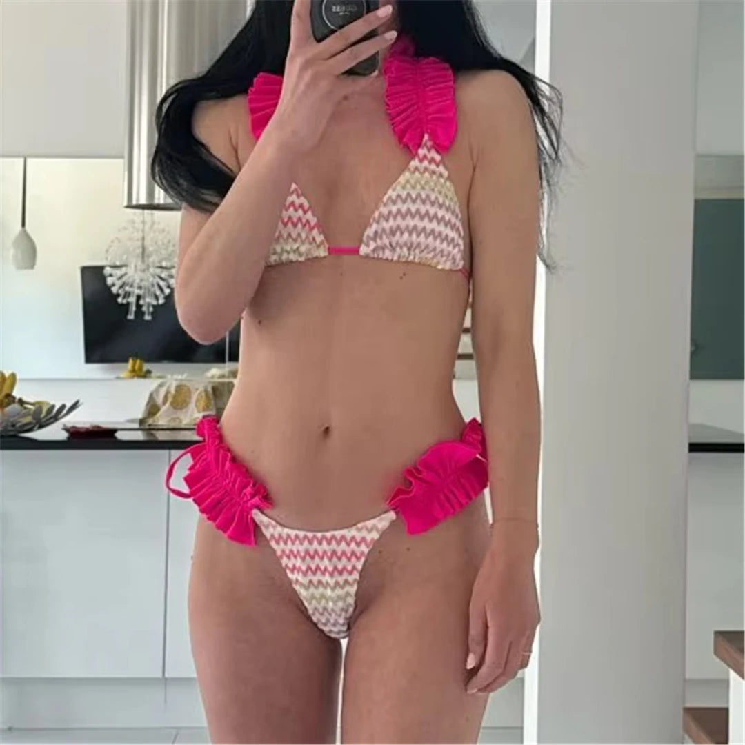 Con gonna Waved Ruffled Bikini con volant costume da bagno femminile costumi da bagno donna tre pezzi Bikini set bagnante costume da bagno Swim V5235