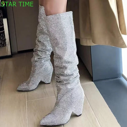 Pointed Toe Rhinestone Bling Long Boots 2024 New Casual Catwalk Thick Heel Boots Black/silver Fashion Women Knee-High Boots