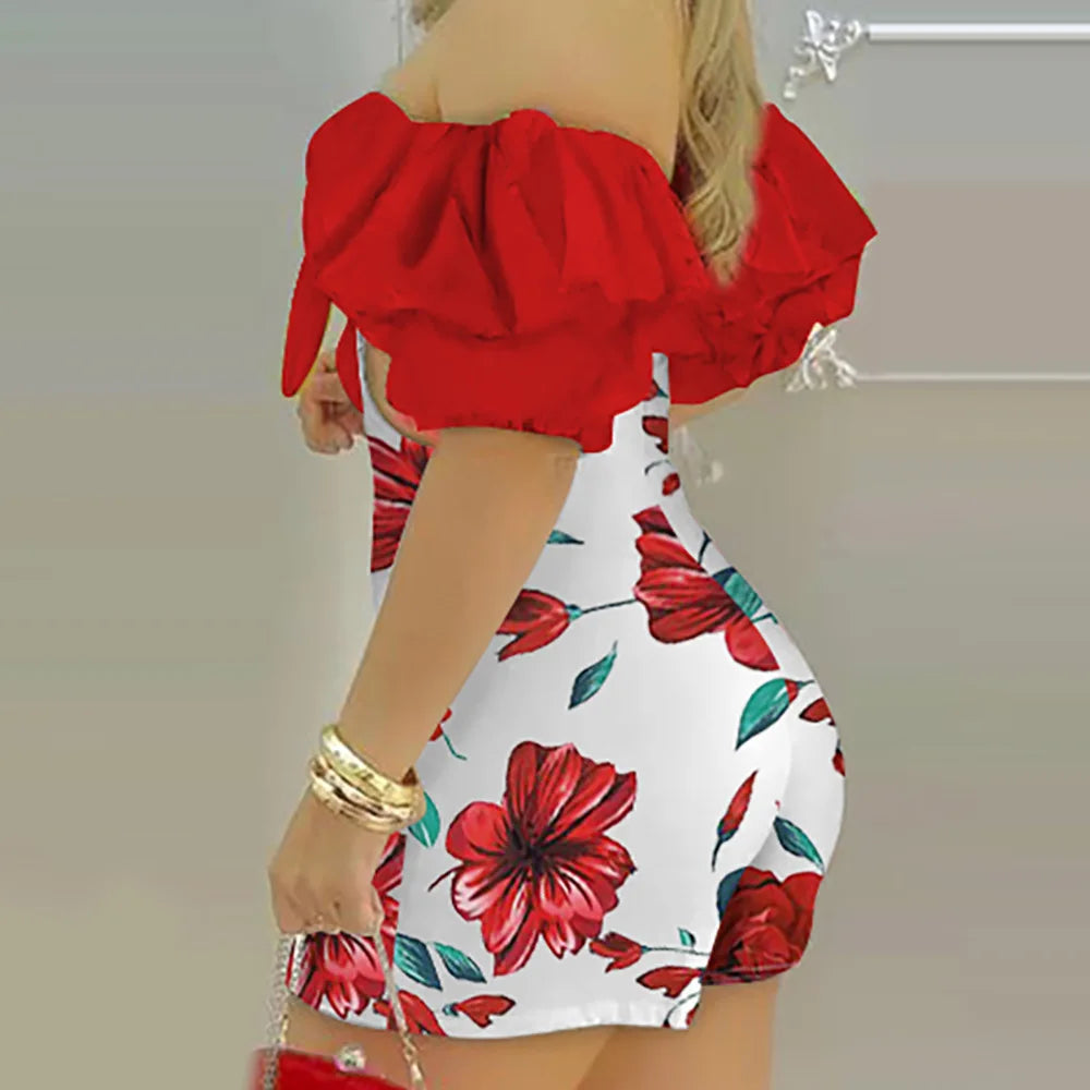 Summer Fashion Flower Print Slim Short tute donna Sexy una spalla scava fuori Bodycon tuta temperamento Lady Streetwear