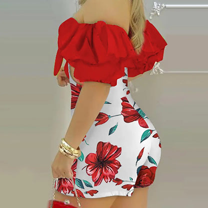 Summer Fashion Flower Print Slim Short tute donna Sexy una spalla scava fuori Bodycon tuta temperamento Lady Streetwear
