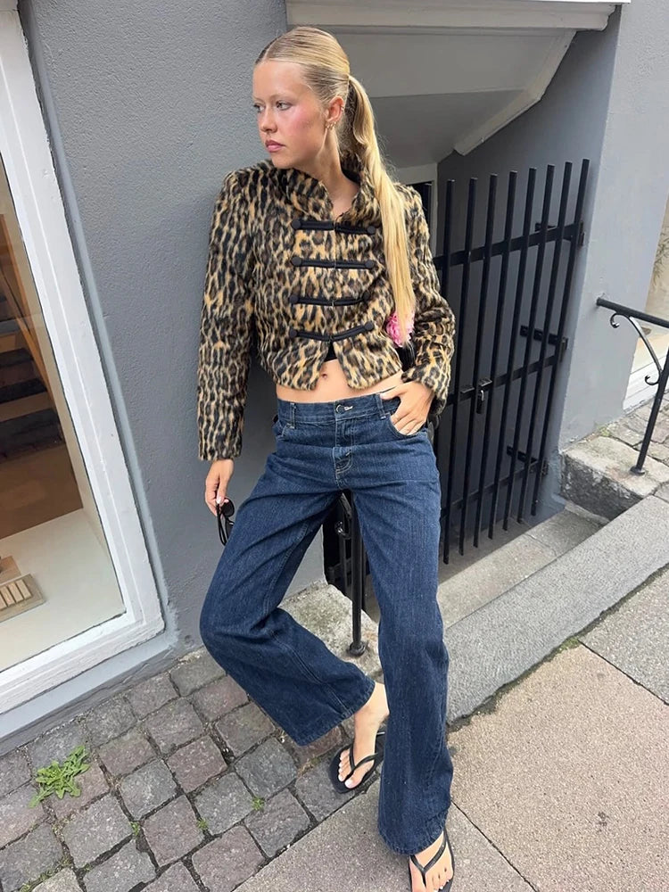 Giacca Corta da Donna in Stile Retrò Y2k con Motivo Leopardato, Collo Alto, Chiusura Orientale a Rana, Maniche Lunghe, Pelliccia Morbida, per Appuntamenti e Streetwear