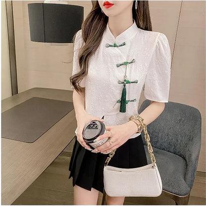 Camicie in stile cinese Maniche corte Donna Nuovo cappotto Estate 2025 Senso Design Nicchia Manica a palloncino Cardigan Top irregolari Donna