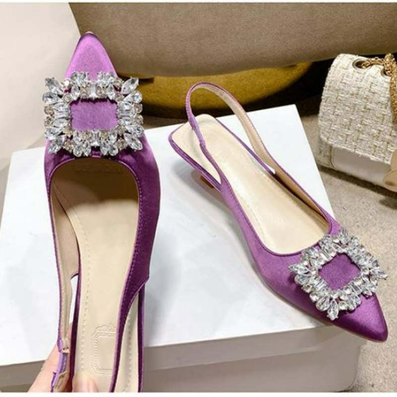 Sandales d'été pour femmes, nouvelles chaussures pour femmes, chaussures pointues à bout ouvert, chaussures à diamants roses Nude, chaussures à talons bas avec bride arrière, chaussures habillées pour femmes