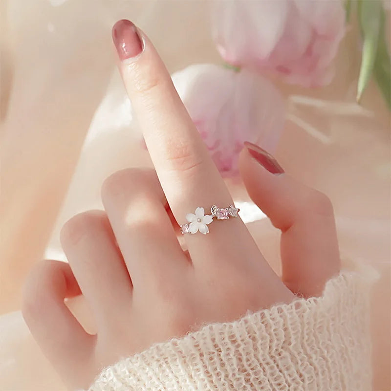Anelli di apertura del fiore di zircone di lusso per le donne Cubic Zirconia Rosa Fiore di ciliegio Tulipano Anello da dito regolabile Gioielli da sposa