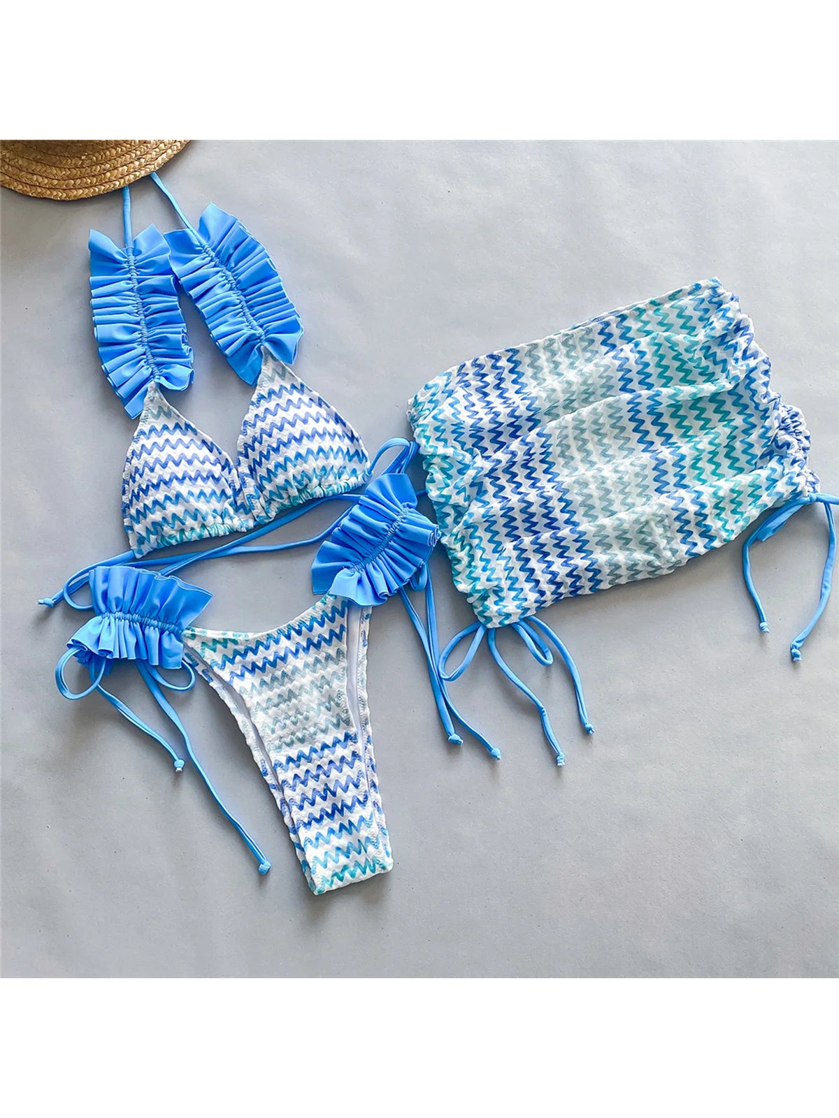 Con gonna Waved Ruffled Bikini con volant costume da bagno femminile costumi da bagno donna tre pezzi Bikini set bagnante costume da bagno Swim V5235