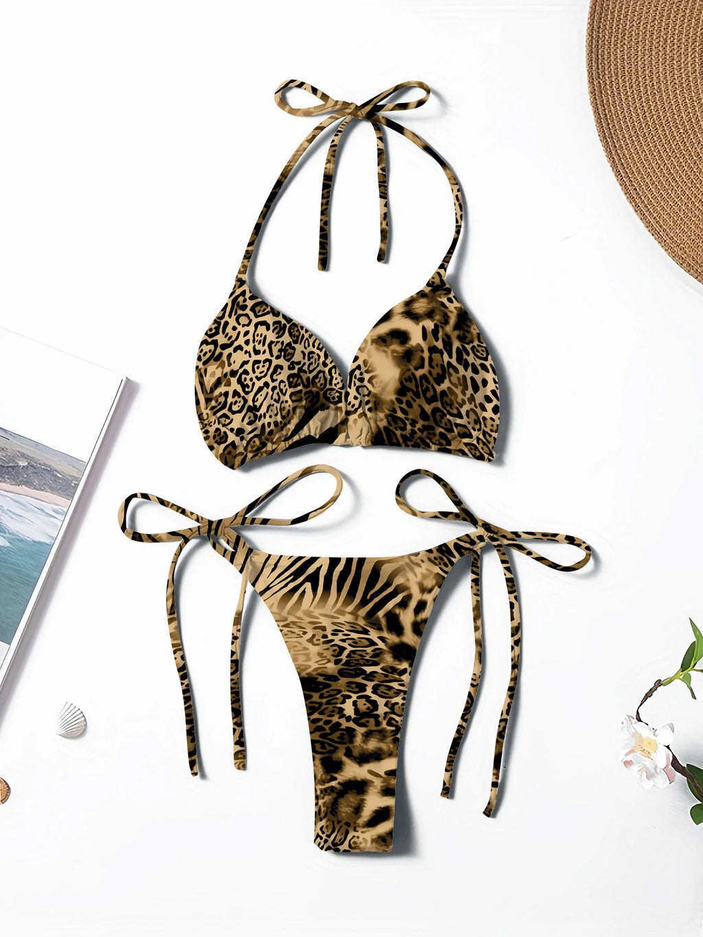 Neuer bedruckter heißer zweiteiliger Bikini-Badeanzug mit Schnürung und Neckholder für Damen