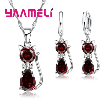 Set di gioielli in vero argento sterling 925 per donna ragazza brillante cristallo austriaco collana con ciondolo gatto carino orecchino Huggie