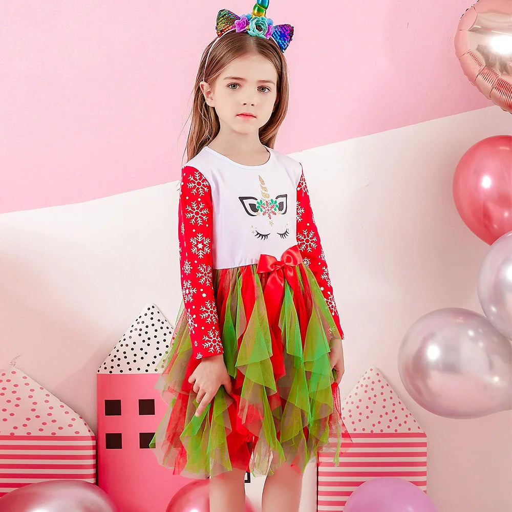 VIKITA Abito da bambina con unicorno natalizio Abito da tutù con stampa fiocco di neve a maniche lunghe per bambini con gonna in tulle a strati rosso verde per Natale