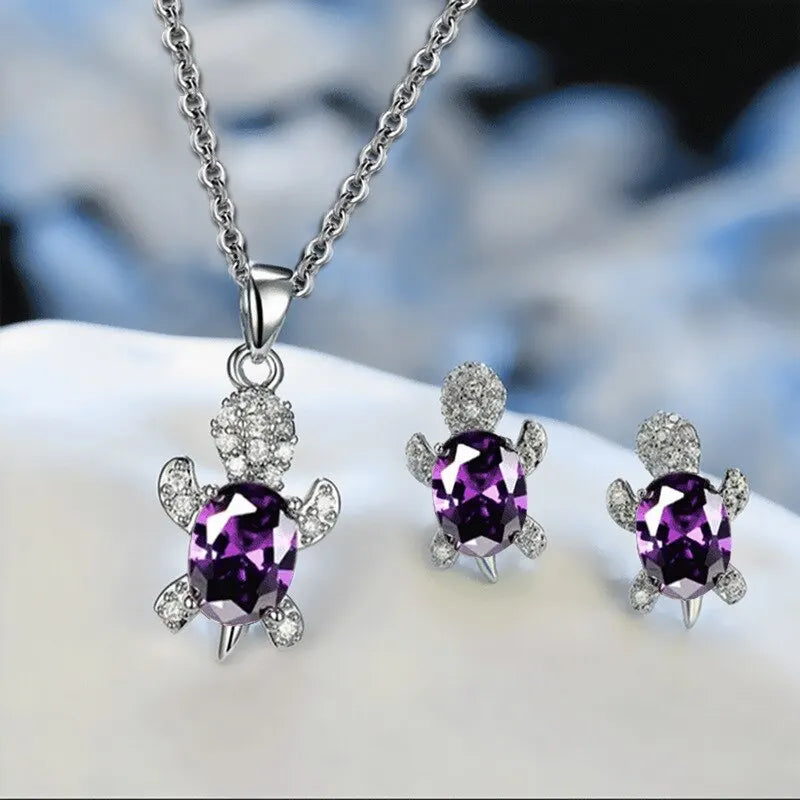 Set di orecchini con collana placcati in argento da 3 pezzi da donna a forma di tartaruga in stile moda di lusso leggero con diamante in vetro multicolore