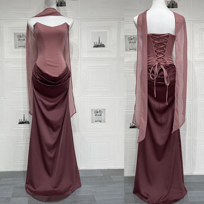 Giyu Sexy Satin Evening Club Abiti da festa Donna 2025 Estate senza spalline con spalle scoperte Lisca di pesce increspato Maxi abito lungo Abito elegante