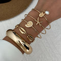 Summer Ocean Shells Starfish Pearls Bracelets Set for Women Alloy Iron Sunlit Radiance Stackable Beach Vacation Jewelry Gifts