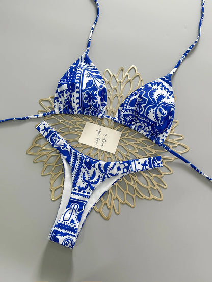 2026 Blue and White Porcelain Printed Bikini Neck Triangle Cup Split Swimsuit Women's Beach Holiday Swimsuit