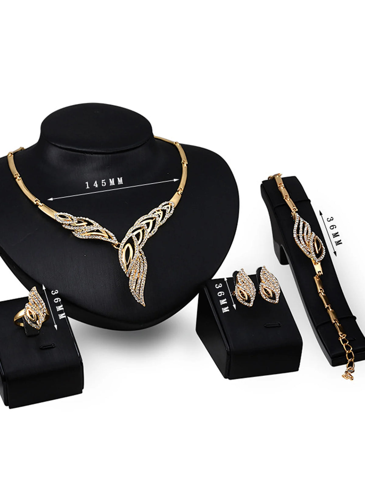 Parures de bijoux pour femmes en métal avec boucles d'oreilles, colliers, bracelets et bagues au design à la mode, adaptés aux banquets et aux cadeaux de fin d'année.