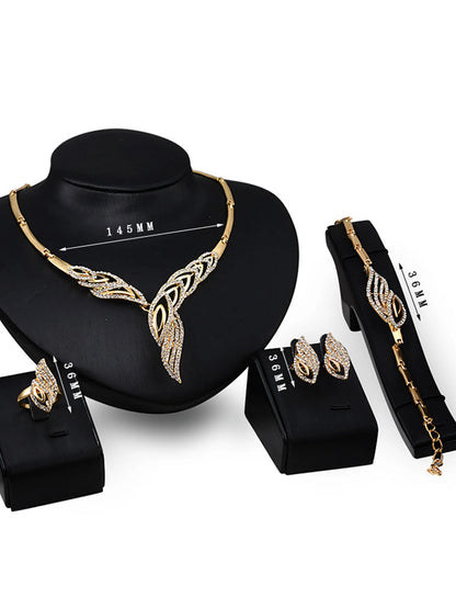 Parures de bijoux pour femmes en métal avec boucles d'oreilles, colliers, bracelets et bagues au design à la mode, adaptés aux banquets et aux cadeaux de fin d'année.